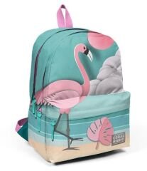 CORAL HIGH Su Yeşili Açık Pembe Flamingo Desenli Üç Bölmeli USB'li Okul Sırt Çantası  Su Yeşili