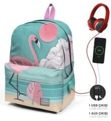 CORAL HIGH Su Yeşili Açık Pembe Flamingo Desenli Üç Bölmeli USB'li Okul Sırt Çantası  Su Yeşili