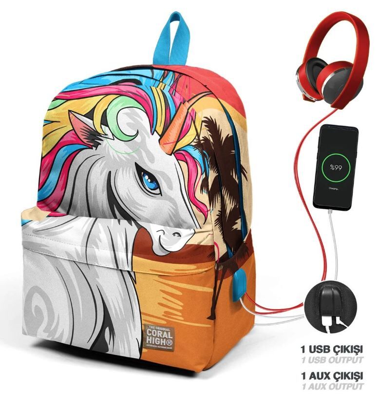 CORAL HIGH Hardal Kahverengi Unicorn Desenli Üç Bölmeli USB'li Okul Sırt Çantası