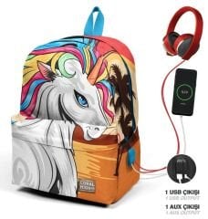 CORAL HIGH Hardal Kahverengi Unicorn Desenli Üç Bölmeli USB'li Okul Sırt Çantası