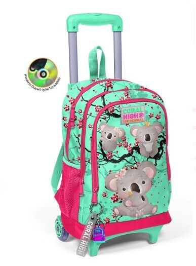 CORAL HIGH Kids Su Yeşil Neon Mercan Koala Desenli Üç Bölmeli Çekçekli Okul Sırt Çantası  Su Yeşili