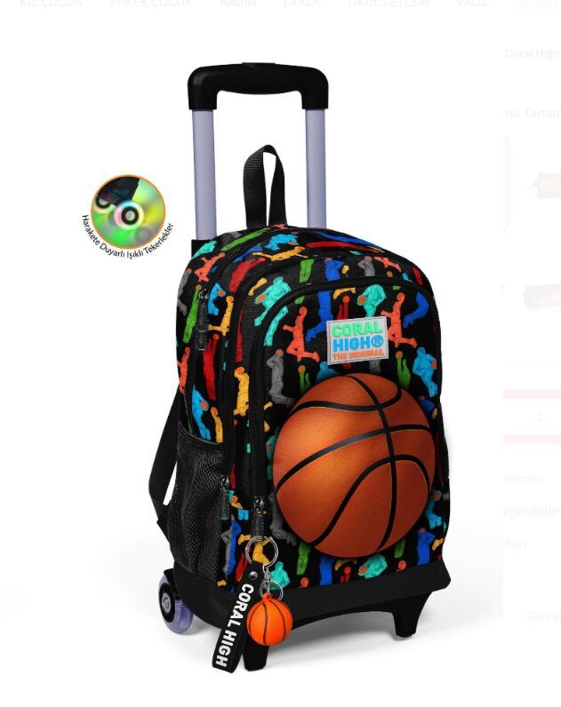 CORAL HIGH Kids Siyah Basketbol Desenli Üç Bölmeli Çekçekli Okul Sırt Çantası  Siyah