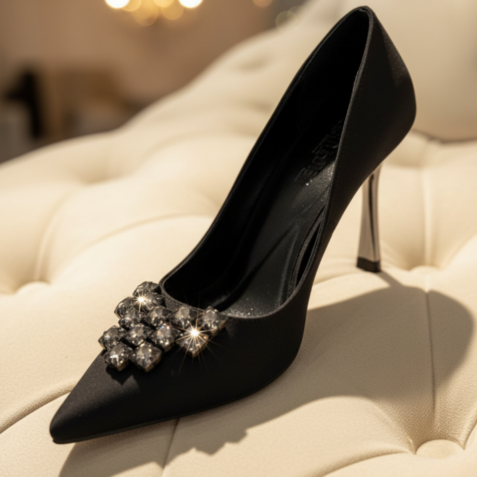 Süet Taş Detaylı Sivri Burun Topuklu Ayakkabı