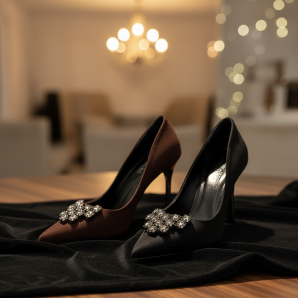 Süet Taş Detaylı Sivri Burun Topuklu Ayakkabı